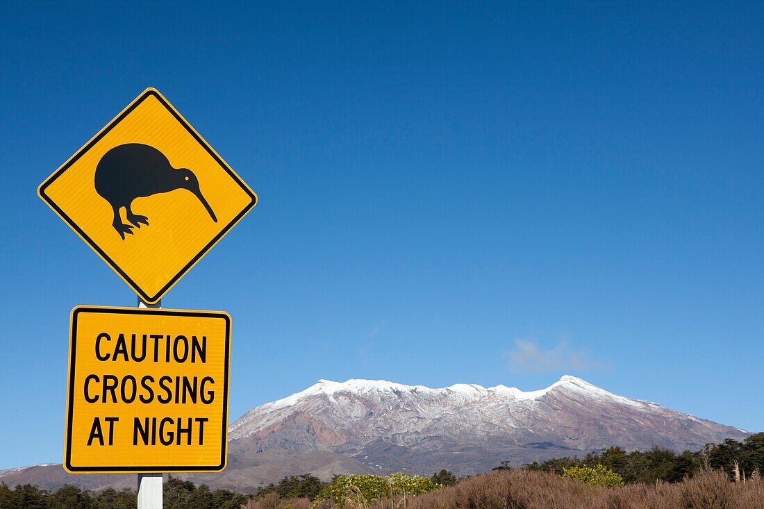Kiwi signal and view of Mount Ruapehu, Tongariro National Park, North Island, New Zealand