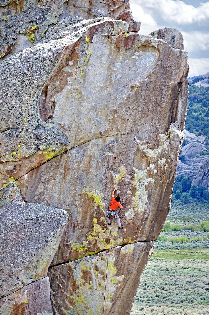 Nic Houser rock climbing a route called Techno Weenie which is rated 5,11 and located on the Building Blocks at The City Of Rocks National Reserve near the town of Almo in southern Idaho