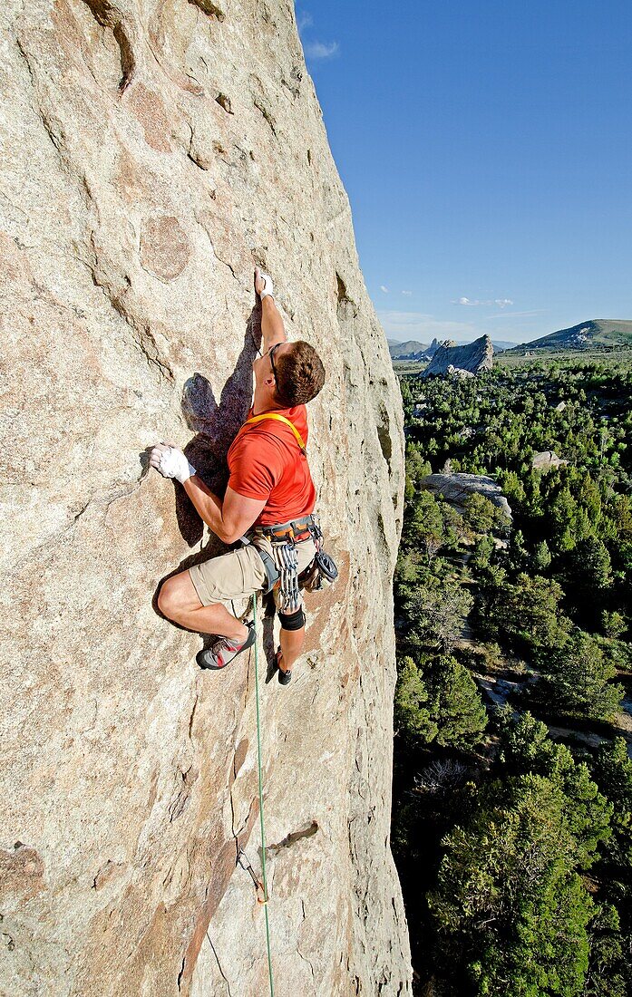 Elijah Weber rock climbing Scream Cheese which is rated 5,9 and located on the Anteater at The City Of Rocks National Reserve near the town of Almo in southern Idaho