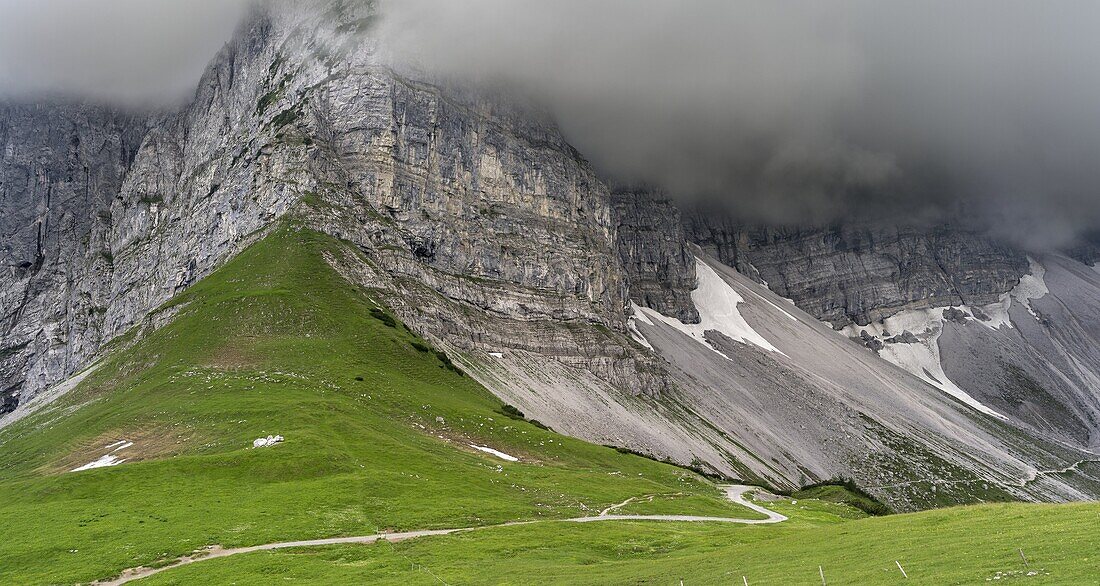 Eng Valley, Karwendel mountain range, Austria  The vertical rock faces of the Laliderer Waende during cloudy weather  The Eng valley is the most famous of all valleys in karwendel mountain range  Next to the sheer rock faces of the karwendel mountains the