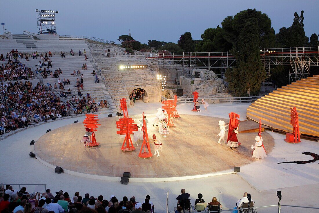 Performance of ´Birds´ by Aristophanes at Greek Theater in Syracuse, Sicily, Italy