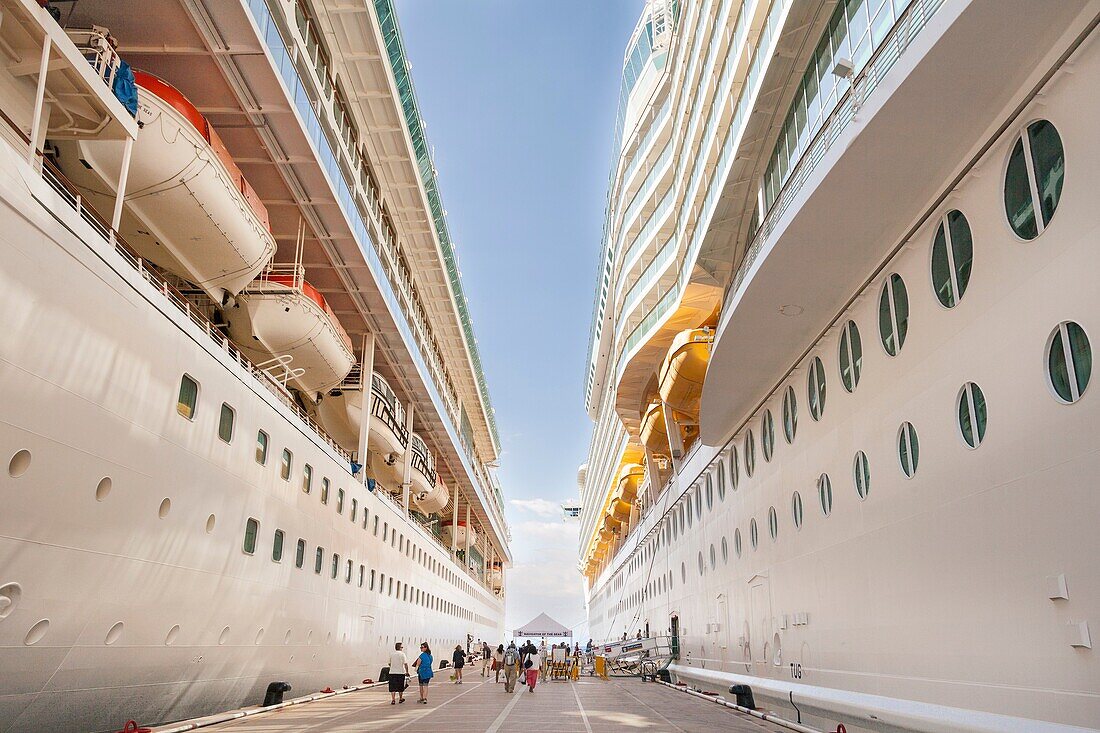 Royal Caribbean cruise ships, Splendour of the Seas on left, Navigator of the Seas on right, berthed at Kusadasi, Turkey