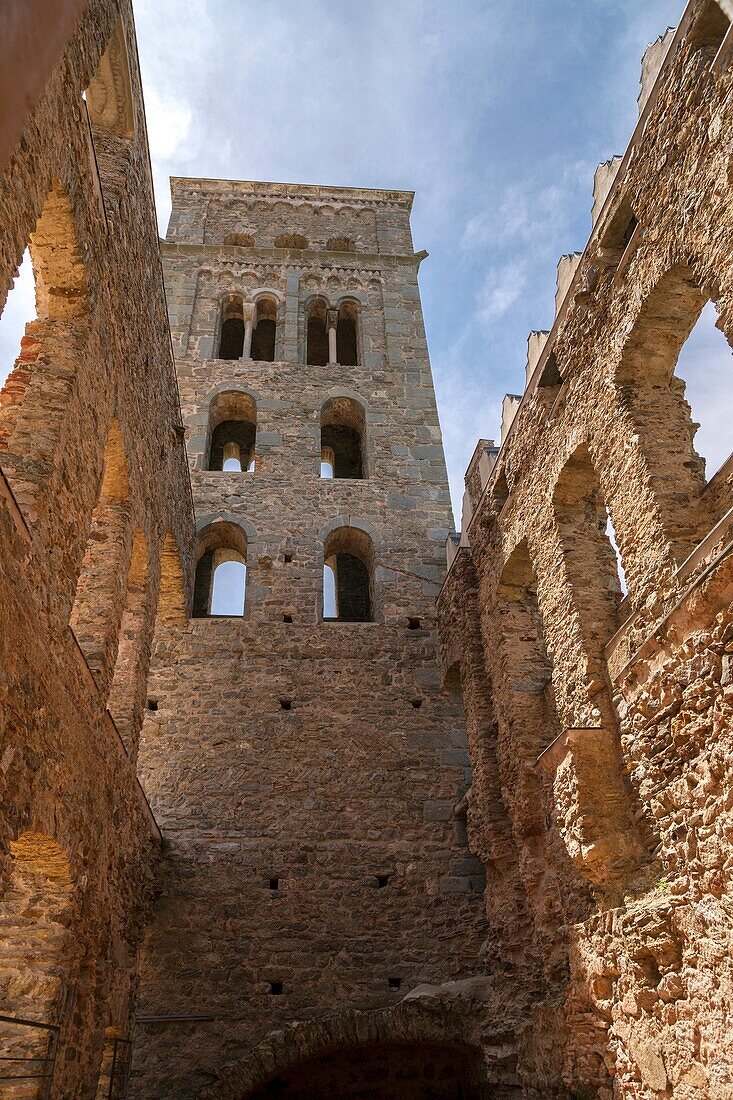 Romanesque bell tower at monastery Sant Pere de Rodas  Catalonia, Spain