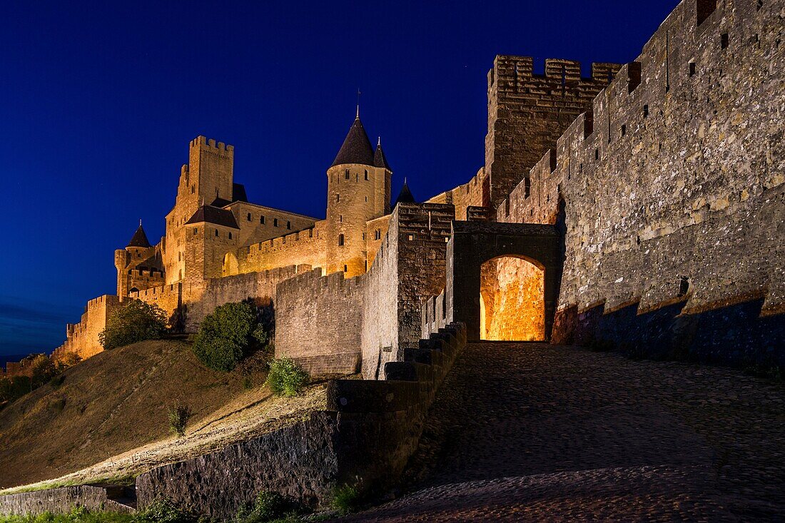 Walled city of Carcassonne at night  Carcassonne, Languedoc, France