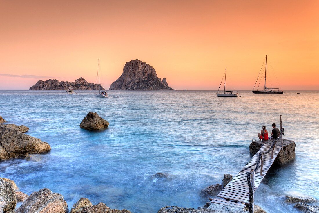 Spain, Balearic Islands, Ibiza, Cala D´Hort Beach and Es Vedra Island