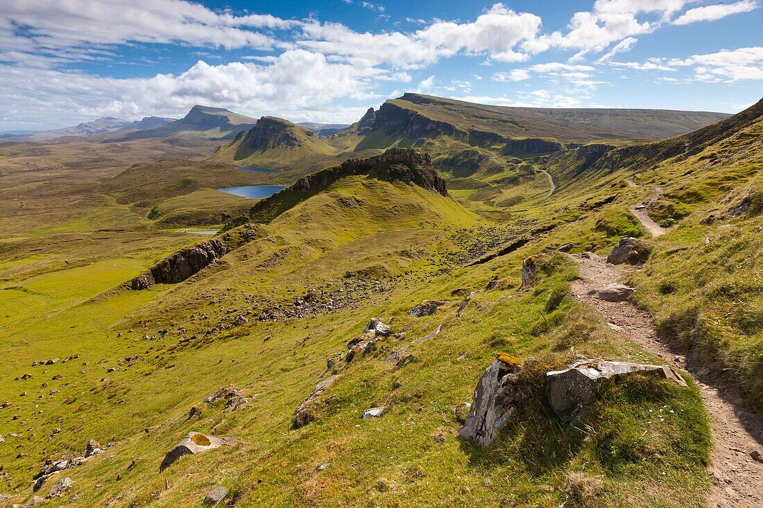 View from The Quiraing, a landslip on the eastern face of Meall na Suiramach over Loch Leum na Luirginn and Loch Cleat, the northernmost summit of the Trotternish Ridge on the Isle of Skye, Scotland, United Kingdom, Europe