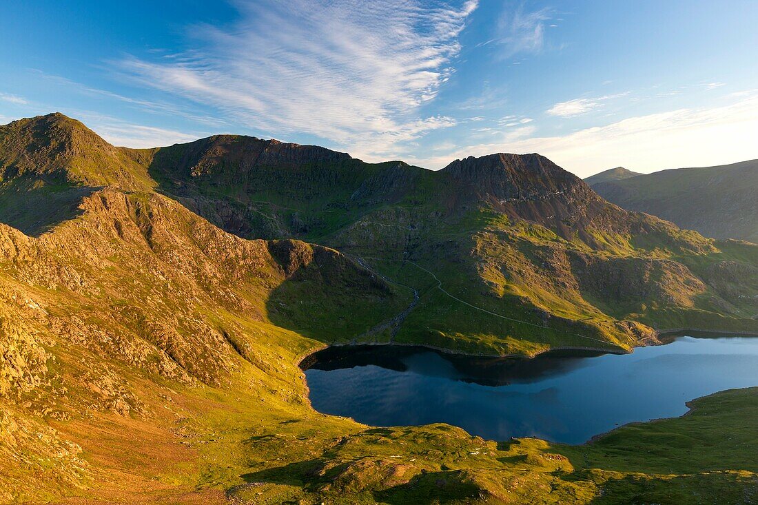 The Snowdon Horseshoe from Lliwedd Bach with Snowdon on the left, Garnedd Ugain mountain and Llyn Llydaw lake in the centre and Crib Goch on the right, Snowdonia National Park, Wales