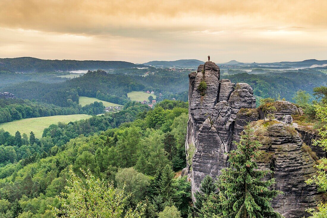 View to the rock Moench also Moenchstein monk or monkstone The Moench is a popular climbing tower rock in the National Park Saxon Switzerland near the health resort Rathen in the Elbe Sandstone Mountains At the top is a weather vane in the form of a monk,