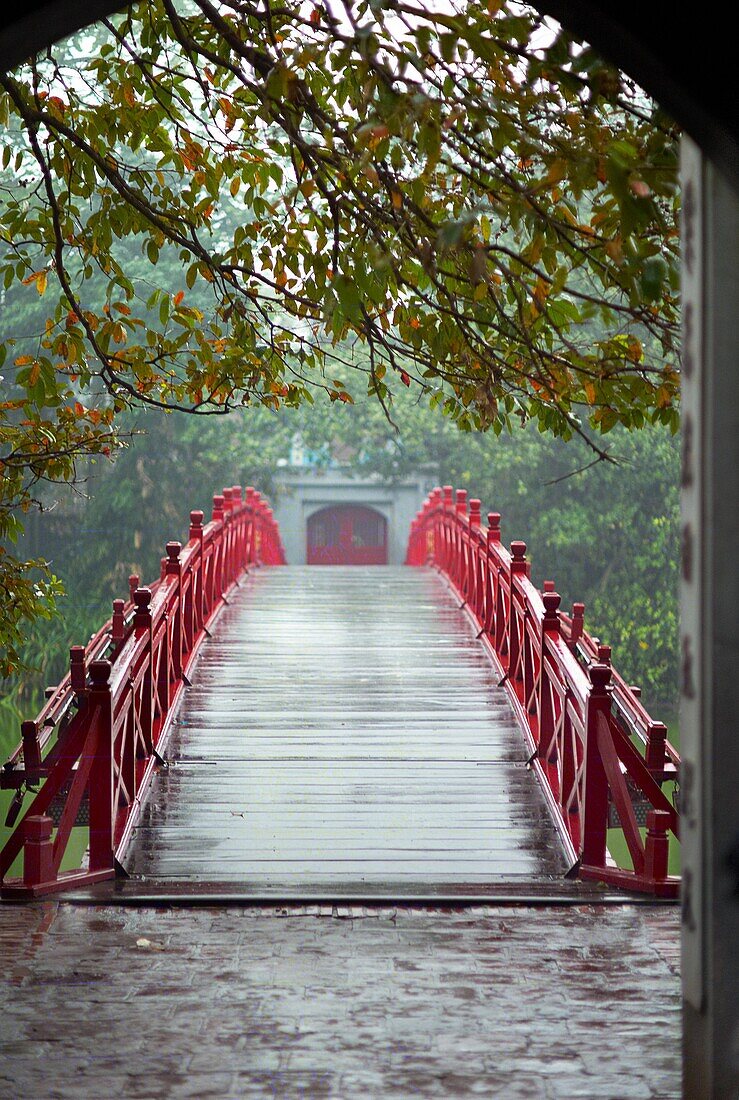 The red bridge at the Hoan Kiem Lake in Vietnam