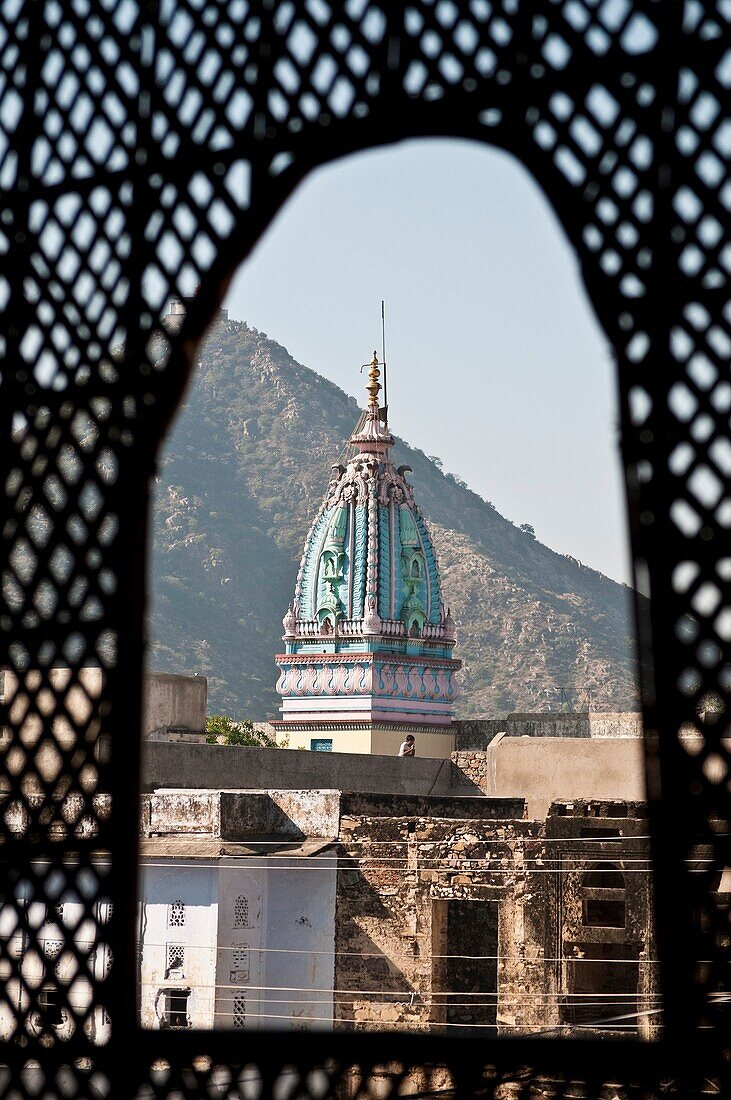 Temple dome view through a window, Pushkar, Rajasthan, India