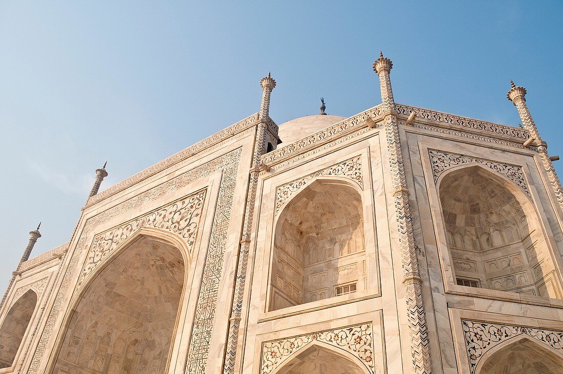 Detail with alcove and floral pattern of precious stones, Taj Mahal, Agra, India