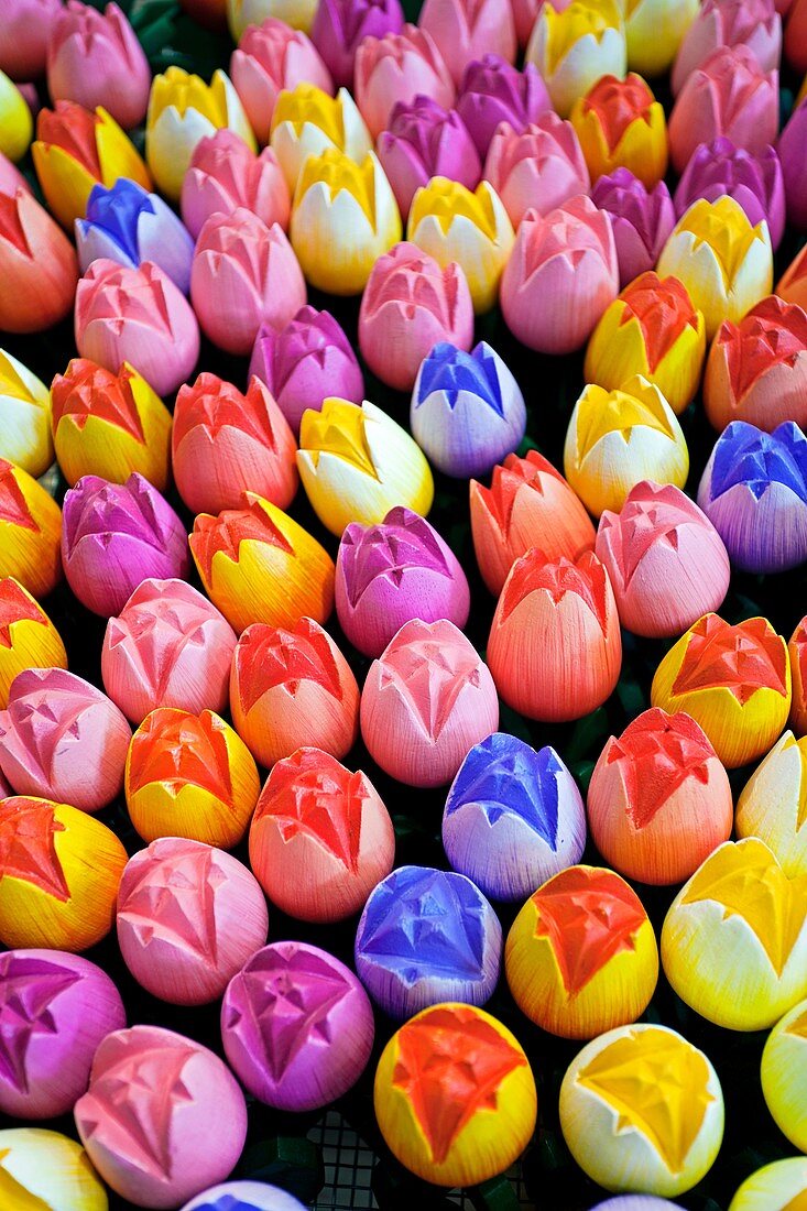 Wooden tulips, souvenirs, Flower Market, Amsterdam, Netherlands.