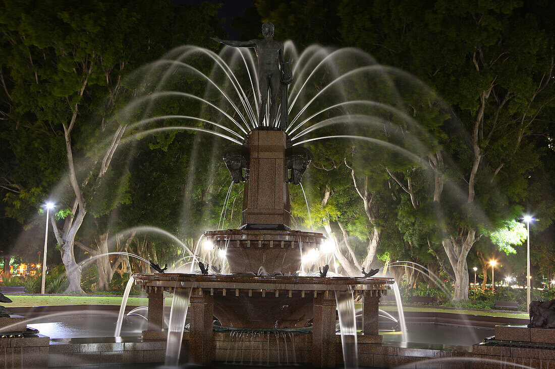 Archibald Fountain, Hyde park, Sydney, New South Wales, Australia, well, places of interest, night, park, water, trees, water fountains, statue, fields, compartments, lighting, investigation, long time exposure. Archibald Fountain, Hyde park, Sydney, New 