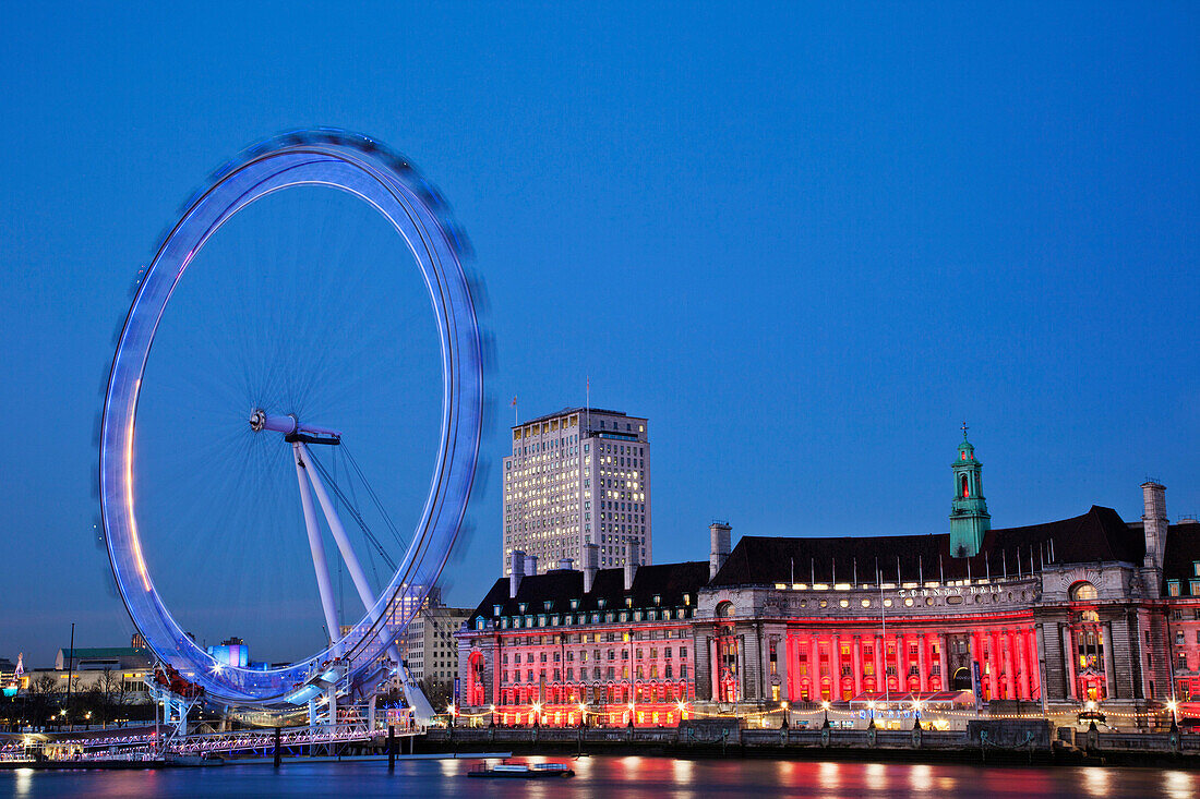 UK, United Kingdom, Great Britain, Britain, England, London, Westminster, Embankment, London Eye, County Hall, Thames River, River Thames, Thames, Landmark, Night View, Illumination, Tourism, Travel, Holiday, Vacation. UK, United Kingdom, Great Britain, B