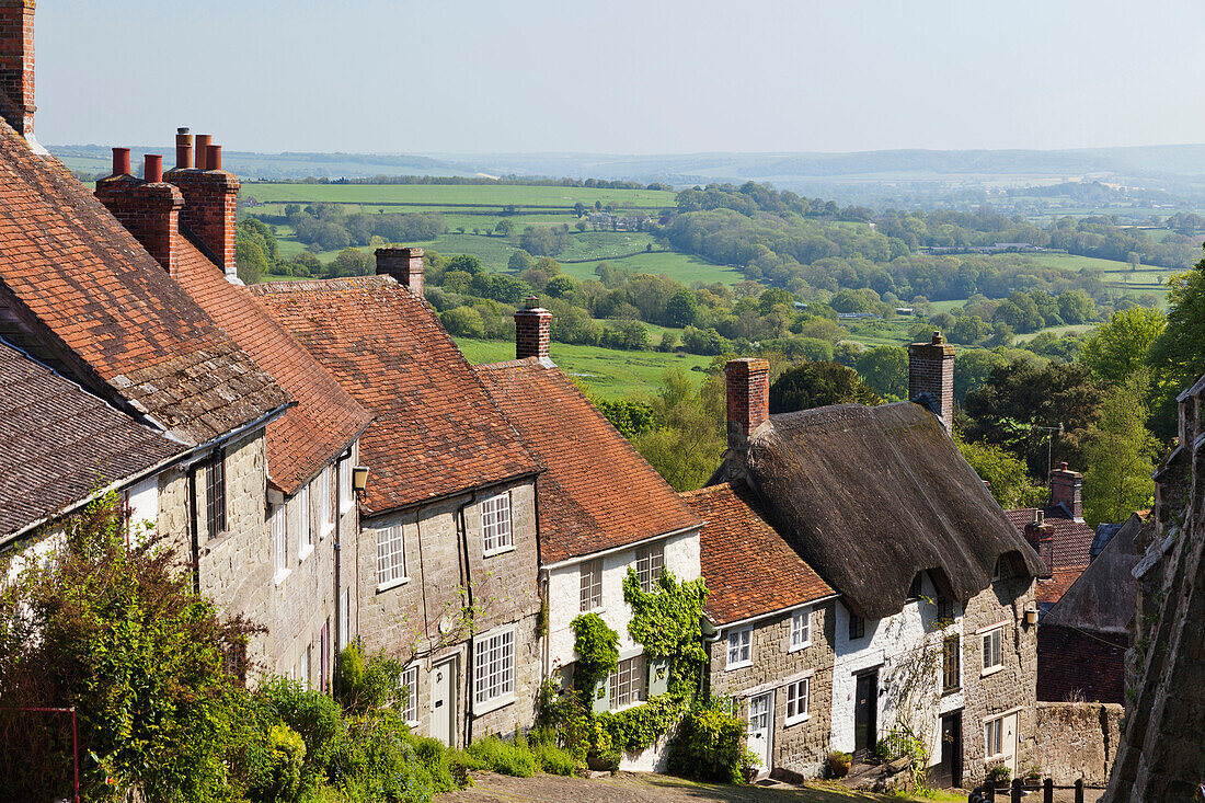 UK, United Kingdom, Great Britain, Britain, England, Europe, Dorset, Shaftesbury, Gold Hill, Thatched Cottage, Thatched Cottages, English Cottage, Road, Roads. UK, United Kingdom, Great Britain, Britain, England, Europe, Dorset, Shaftesbury, Gold Hill, Th