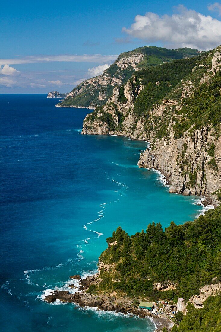 A view of the rugged coastline of the Amalfi coast and the Gulf of Salerno, Italy