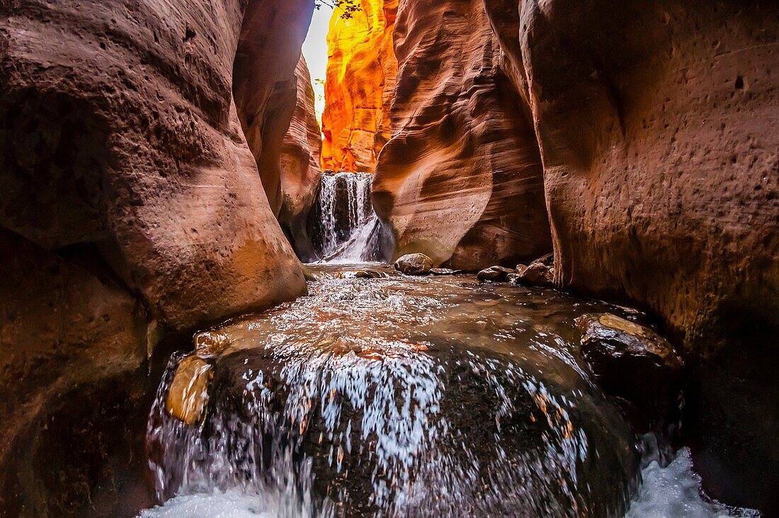 Hiking in a slot canyon en route to Kanarra Creek Falls, near Cedar City, Utah USA