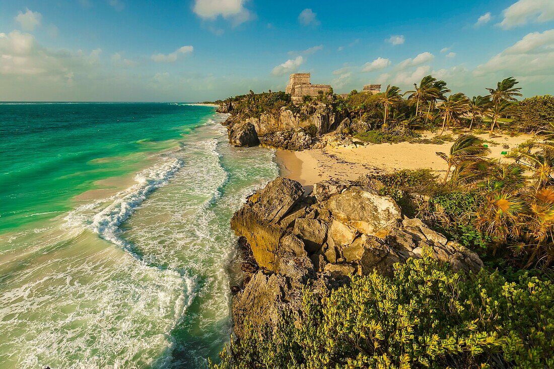 El Castillo The Castle at Tulum, which is the site of a Pre-Columbian Maya walled city serving as a major port for Cobá on the Caribbean Sea, Riviera Maya, Mexico