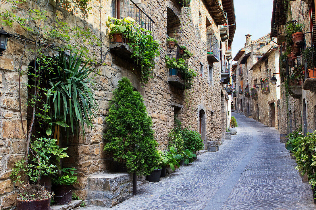 Street in Aínsa, a medieval village in Sobrarbe region, declarated Historical-Artistic Site  Huesca, Aragón, Spain