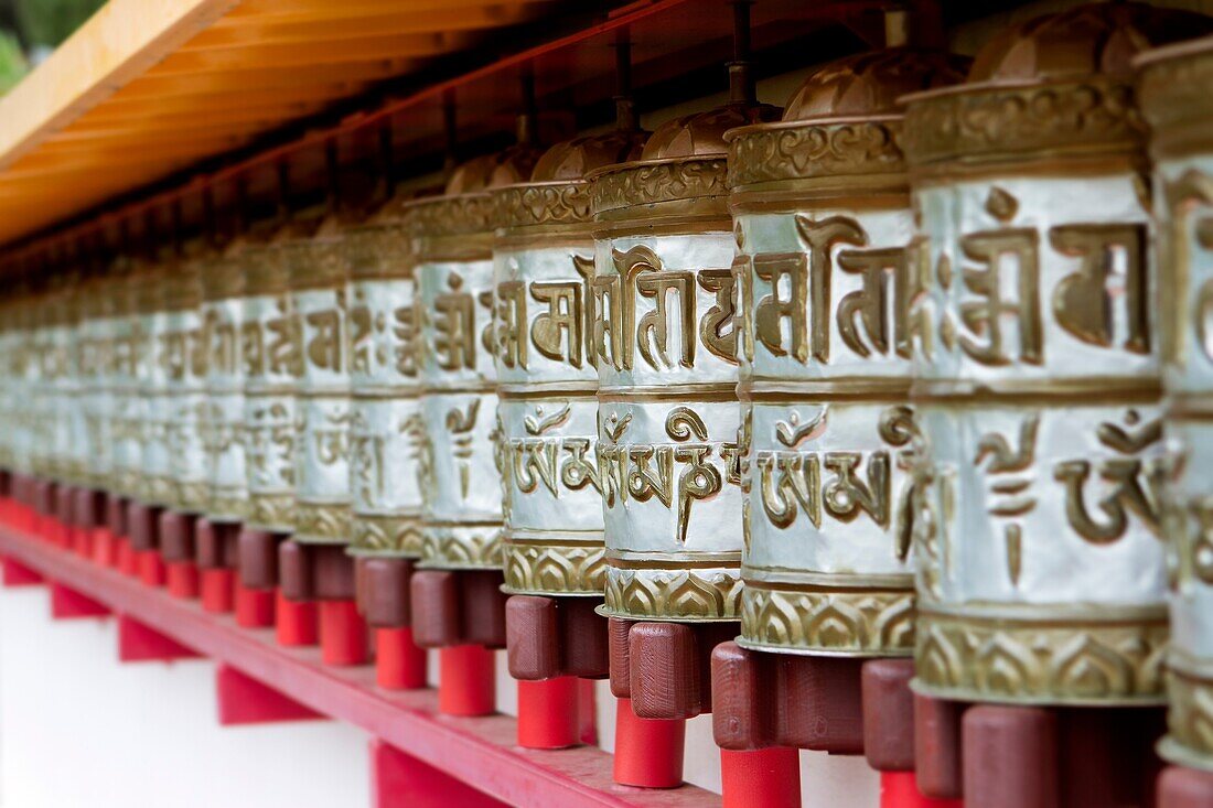 Prayer-wheel in Dag Shang Kagyu, a buddhist temple in Panillo, near Graus  Ribagorza region  Huesca  Aragón, Spain  Europe