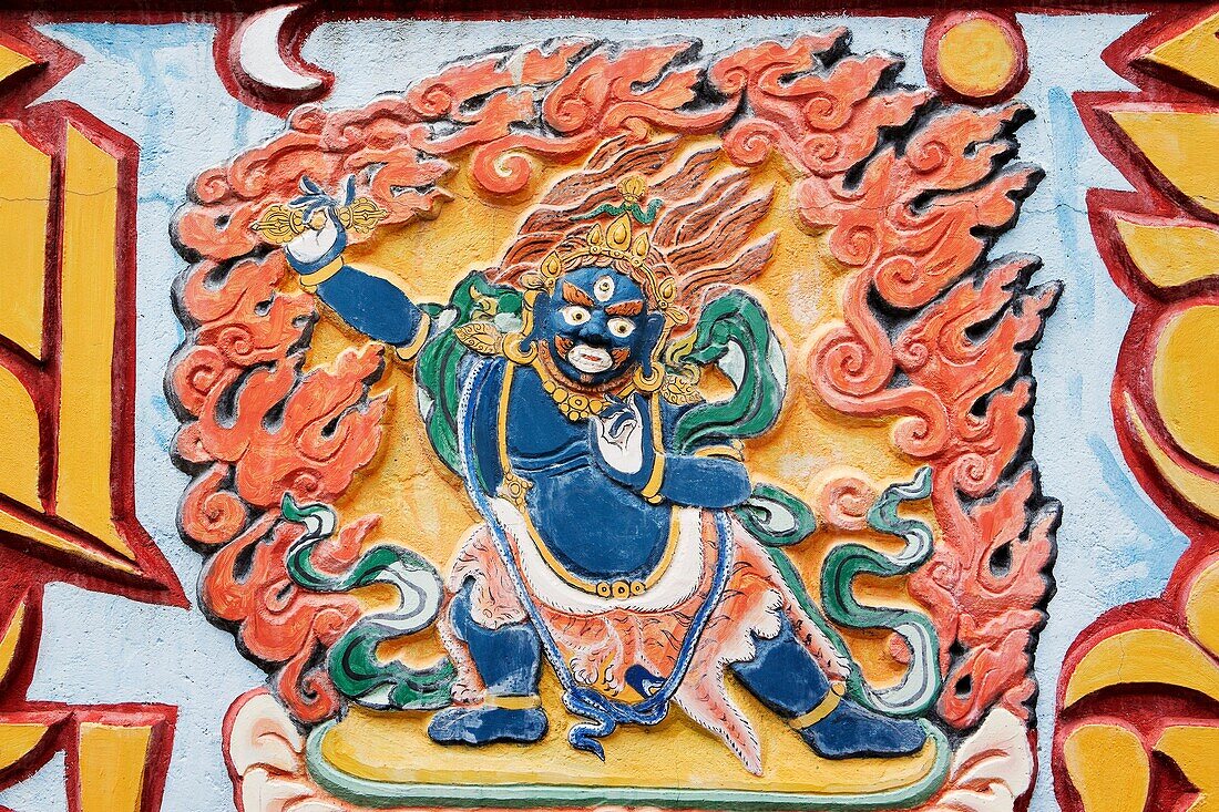 Bas-relief of Vajrapani, in Dag Shang Kagyu, a buddhist temple in Panillo, near Graus  Ribagorza region  Huesca  Aragón, Spain  Europe