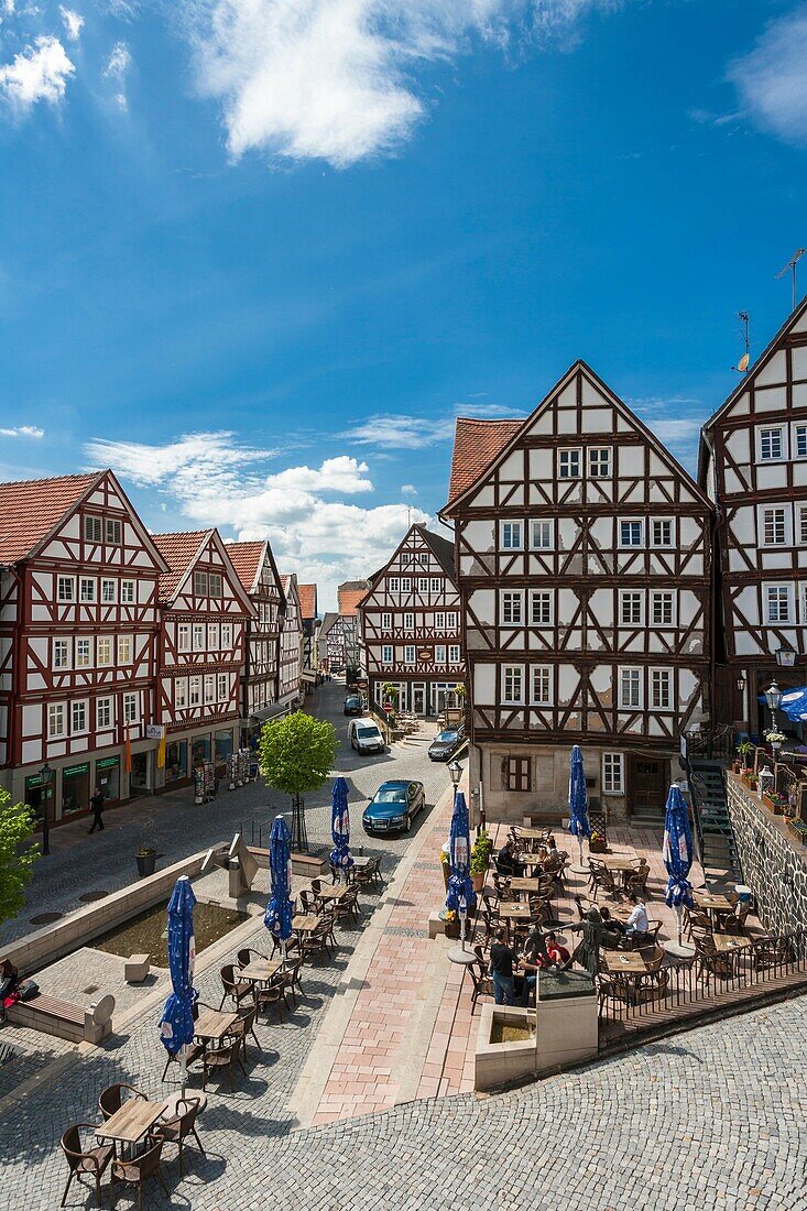 Traditional houses at the market square in Homberg Efze on the German Fairy Tale Route, Hesse, Germany, Europe