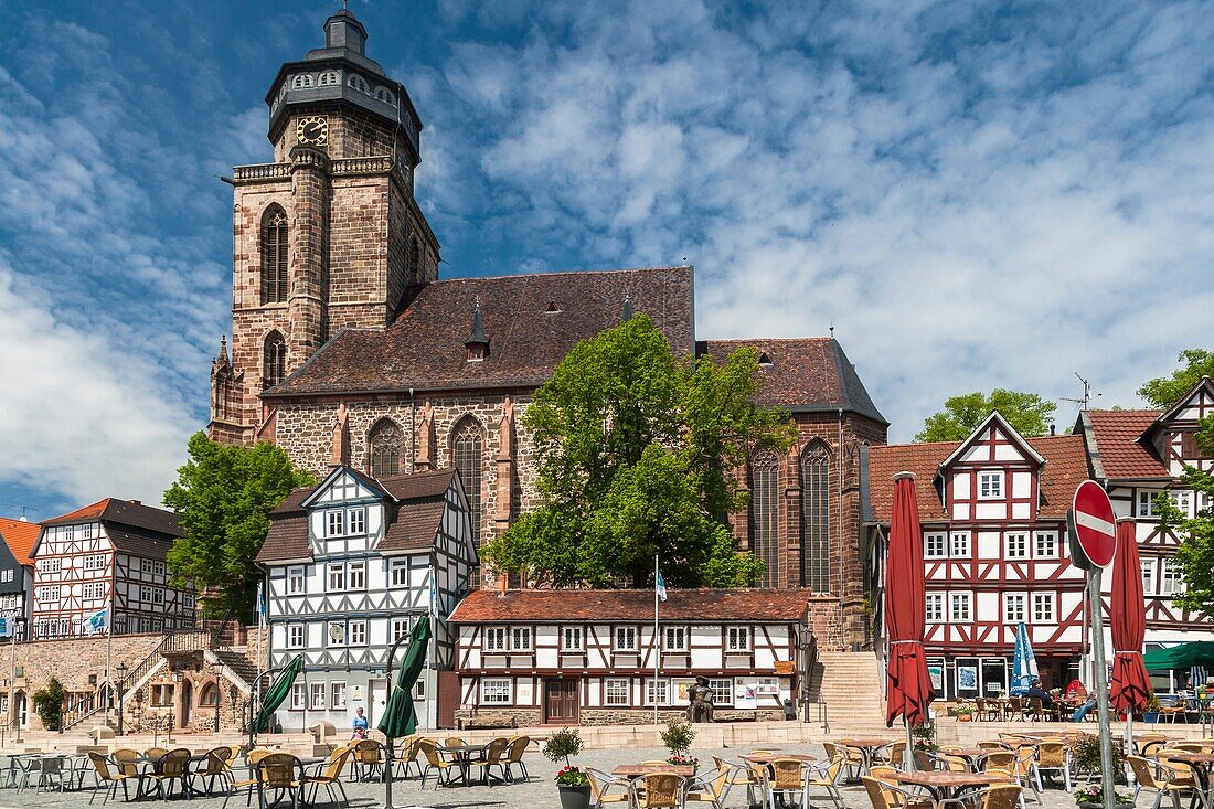 St. Marien church and traditional houses at the market square in Homberg Efze on the German Fairy Tale Route, Hesse, Germany, Europe