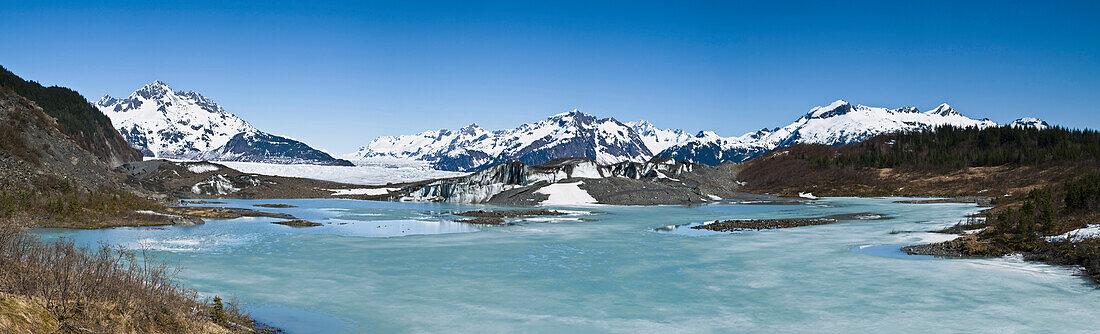 Panorama of Sheridan Glacier in the Chugach Mountains of the Copper River Delta of Southcentral Alaska, Spring