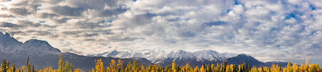 Panoramic view of the snowcapped Chugach Mountains as seen from Palmer, Southcentral Alaska, Fall