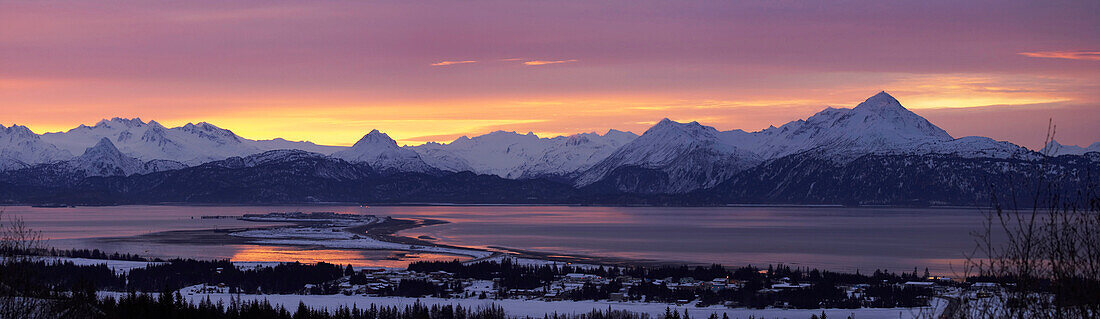 Panorama of Homer & Homer Spit @ sunrise w/Kenai Mountains Kenai Peninsula Alaska Winter Composite