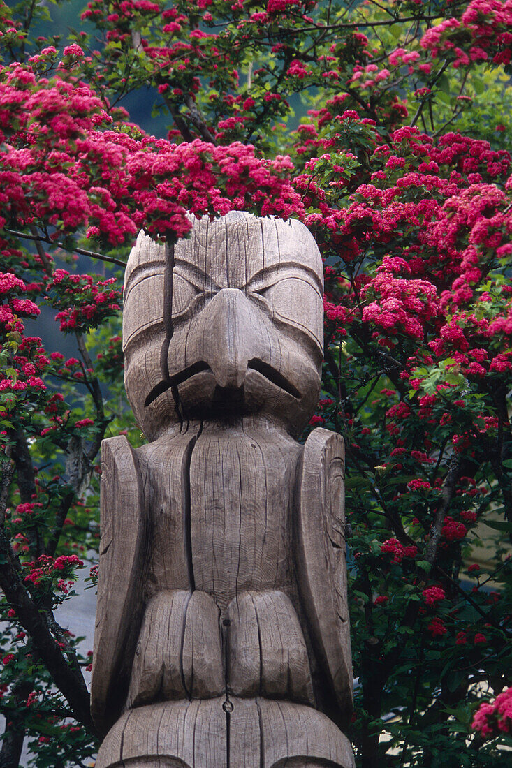 Totem pole surrounded by flowers Juneau Southeast AK summer