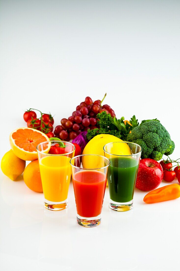 orange juice, tomato juice, greenvegetablejuice, fruit, vegetables