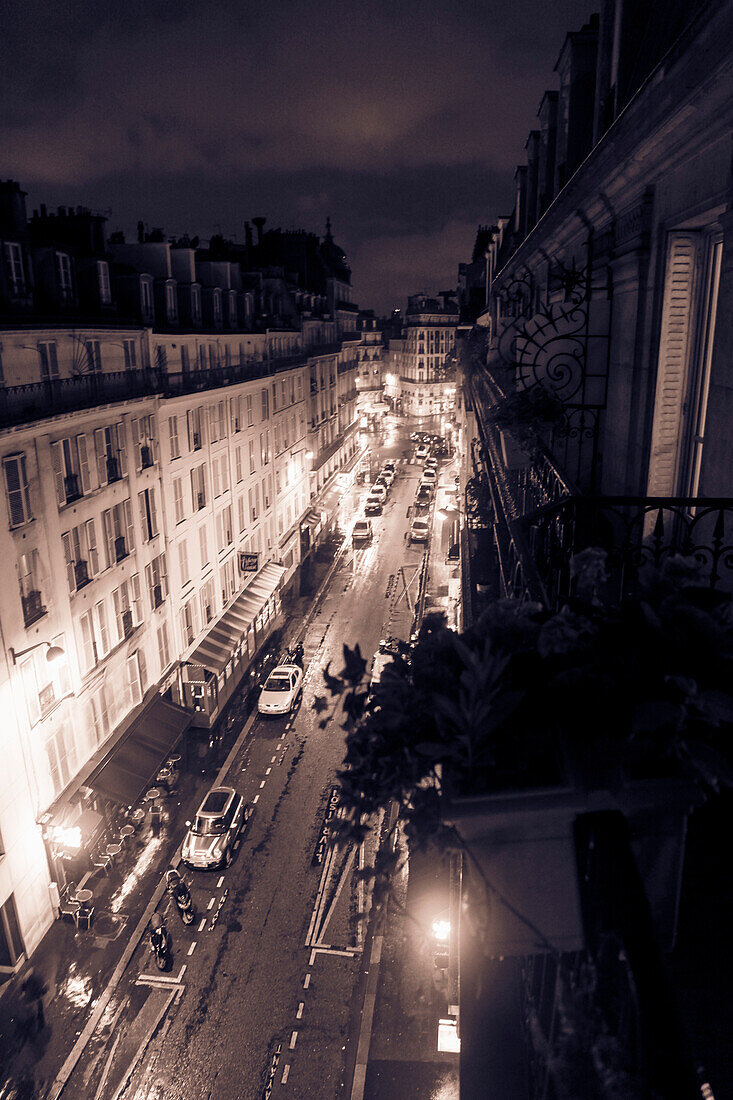Street Scene at Night, High Angle View, Paris, France