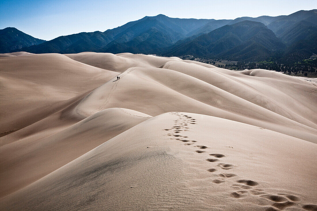 Two People Leaving Footprints in Sand Dunes, Colorado, USA