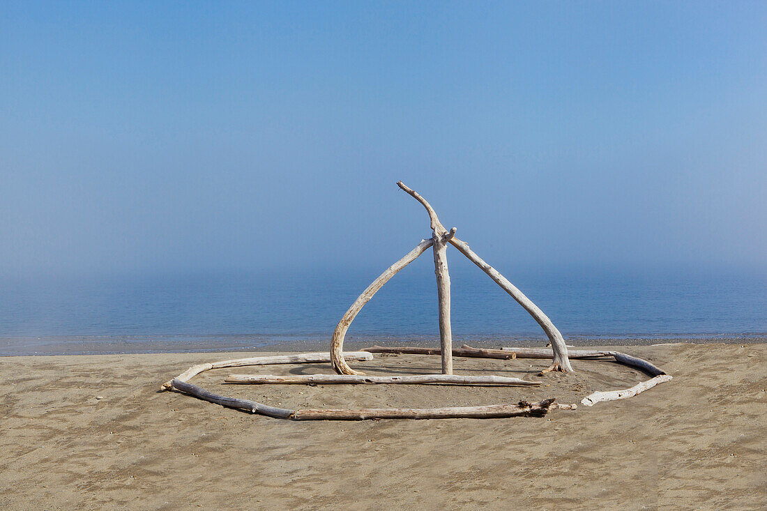 Sculpture on beach made of driftwood at East Beach Park on Marrowstone Island, Salish Sea, Puget Sound, Washington