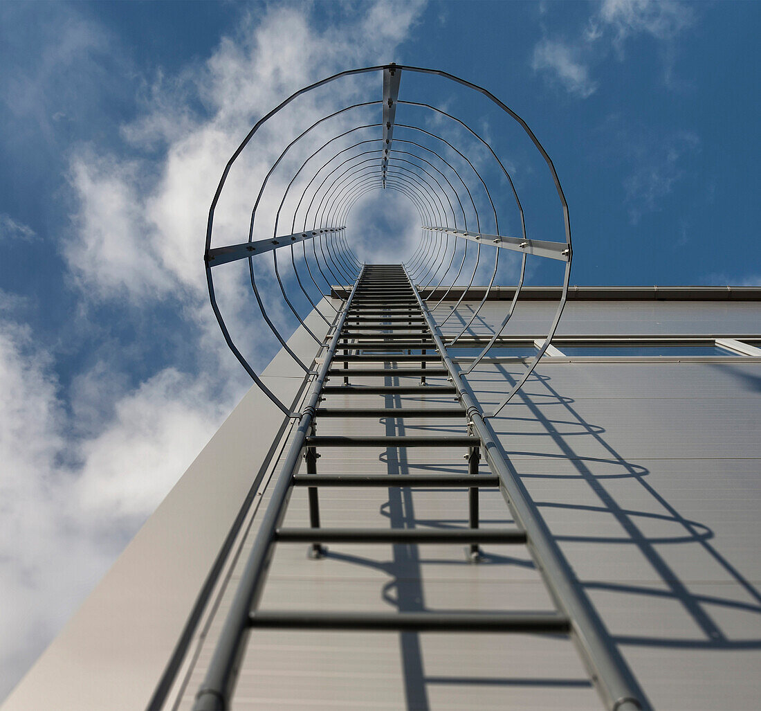 A ladder on the exterior of an industrial building in Estonia, Barbed security wire
