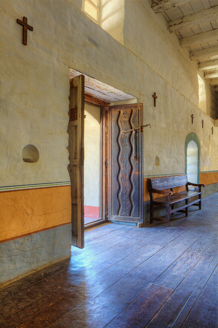 Sanctuary Door, hardwood floors, stations of the cross, thick adobe brick walls, Mission La Purisima State Historic Park, Lompoc, California, Founded in 1787, the eleventh mission of the twenty-one Spanish Missions established in California