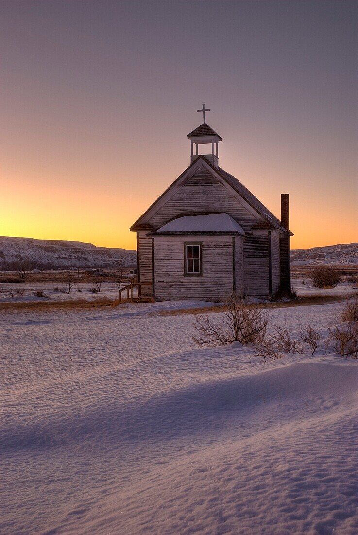 Drumheller, Alberta, Canada, Exterior Of Small Chapel In Winter Sunset