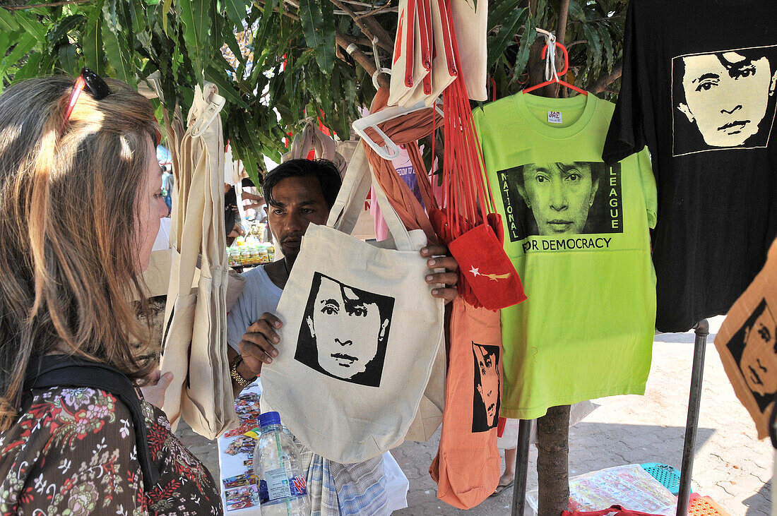 Tshirts with Aung San Suu Kyi at Bagyoke Aun San Market, Yangon, Myanmar, Burma, Asia