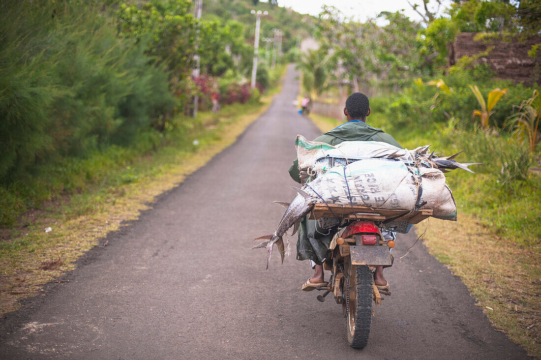 Fischer transportiert Fische mit Motorrad, Madagaskar, Afrika