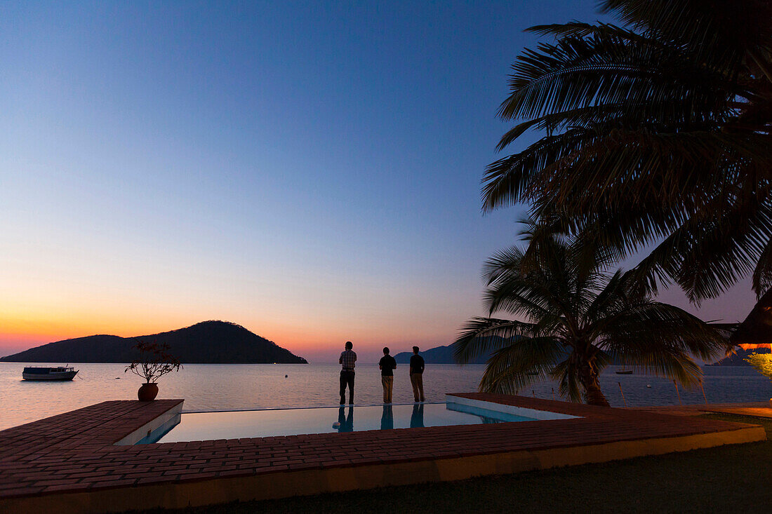 Sunset at a lake, Danforth Lodge, Cape Mc Lear, Lake Malawi, Africa