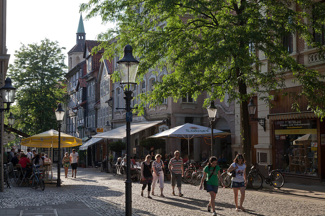 Magni district with historic half-timber houses and cafes, Brunswick, Lower Saxony, Germany