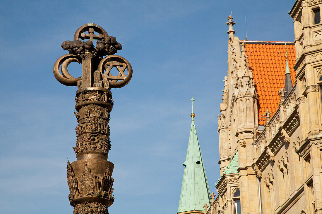Column of Christianity infront of Dankwarderode castle, sculpure from sculptor Juergen Weber, History of Christianity, Brunswick, Lower Saxony, Germany