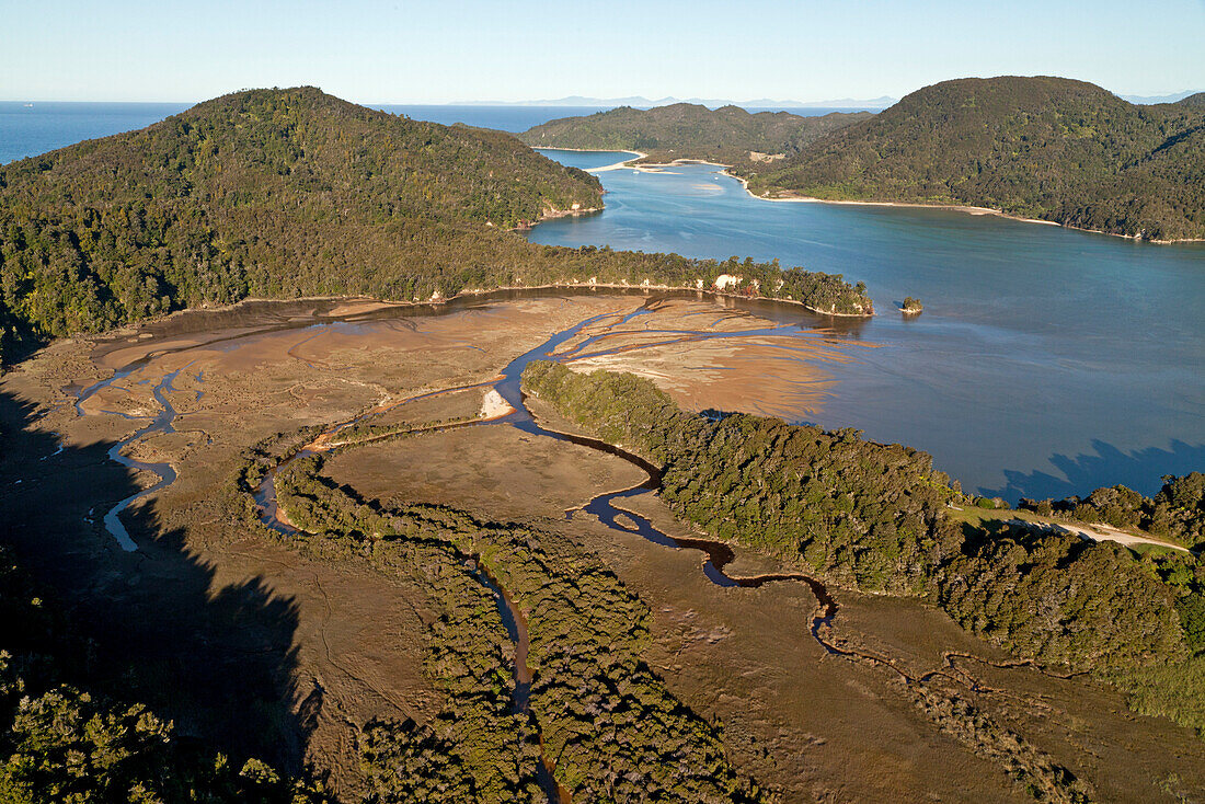blocked for illustrated books in Germany, Austria, Switzerland: Aerial view of the Awaroa Inlet with meandering river, Abel Tasman National Park, South Island, New Zealand