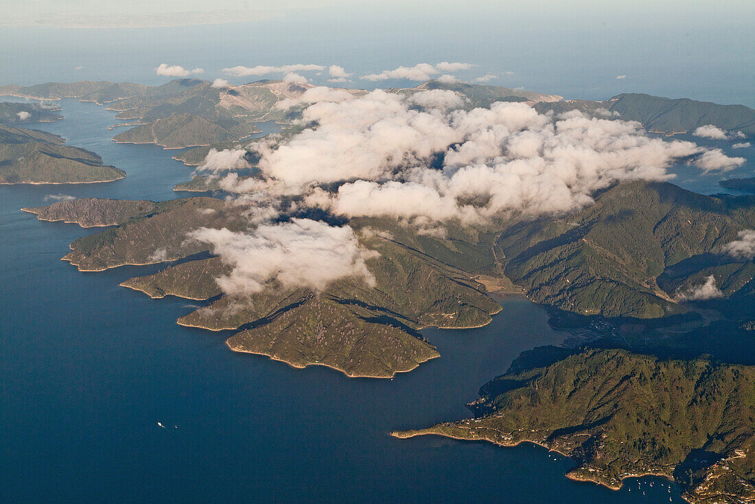 blocked for illustrated books in Germany, Austria, Switzerland: Aerial view of Cook Strait and Marlborough Sounds, water passage through the islands, South Island, New Zealand