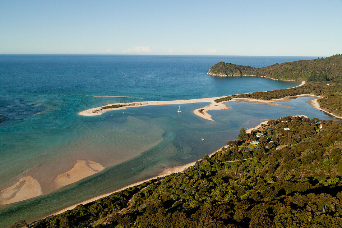 Aerial view of the Awaroa Inlet, Abel Tasman National Park, Tasman District, South Island, New Zealand