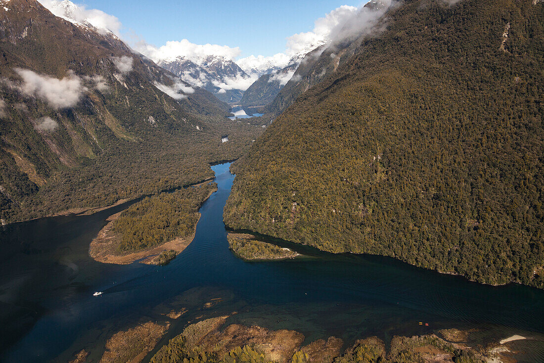 Aerial view of Milford Sound with Sandfly Point and Arthur River, Fiordland National Park, South Island, New Zealand