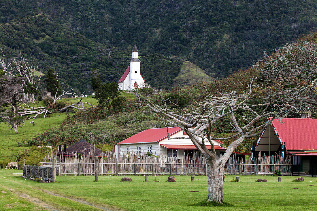 St Gabriel's Church, Marae, weiße Maori-Kirche in entlegenem Tal bei Hokianga, Marae, Whangape Harbour, Nordinsel, Northland, Neuseeland