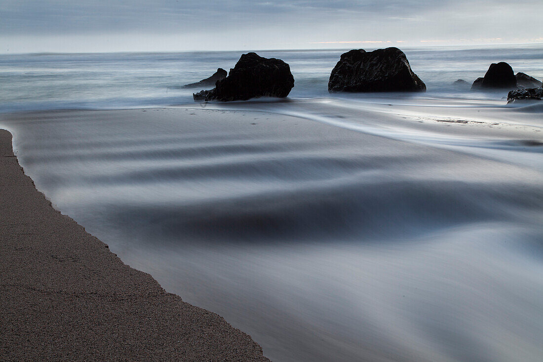 High tide at the river mouth near Karamea, blue hour, Kahurangi National Park, West coast, South Island, New Zealand