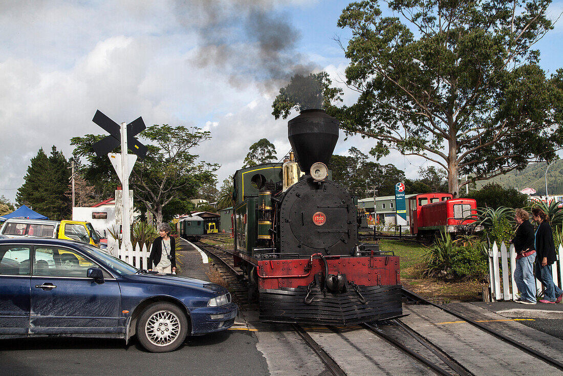 Steam locomotive at a level crossing, tourist attraction, Kawakawa, North Island, New Zealand